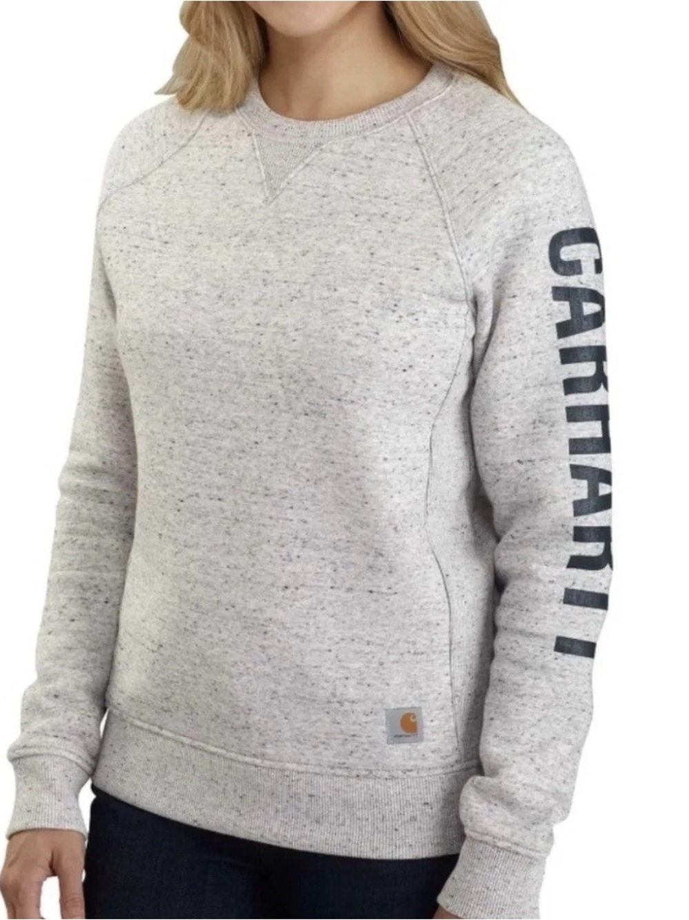 Carhartt Women's Light Heather Gray Crewneck Sweatshirt with Sleeve Logo S